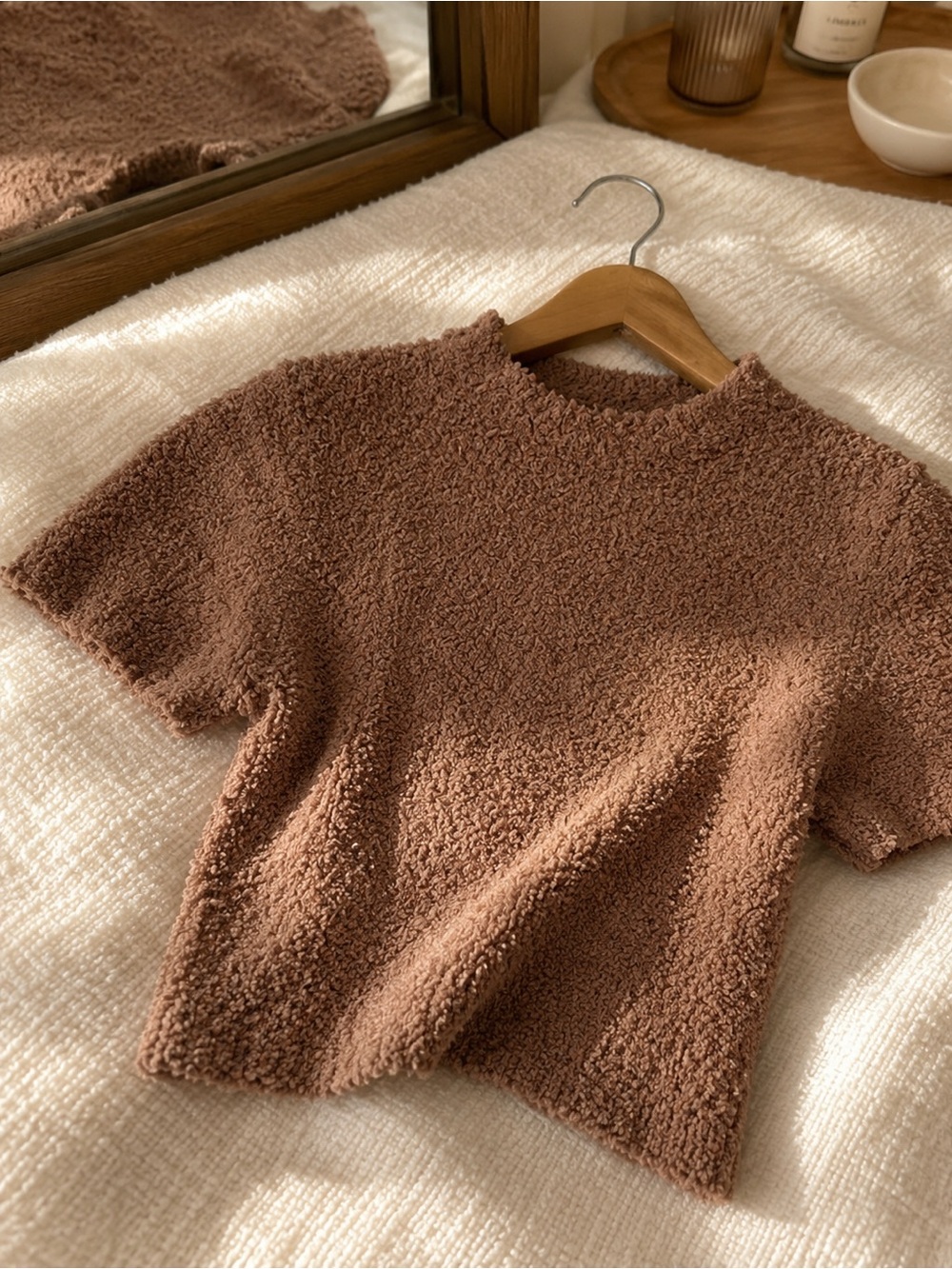 SKIMS Cozy Boucle Cropped T-Shirt Teddy Brown Short Sleeve Top S/M